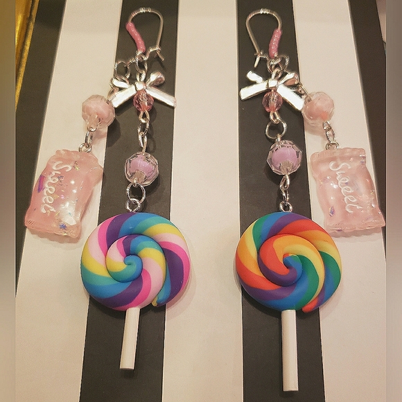 Handmade Adorable Lollipops & Sweet Candies & Bows Dangle Earrings - Picture 2 of 4